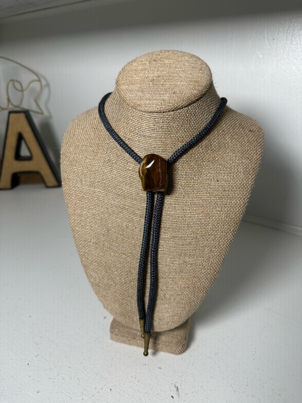 Vintage Bolo Tie Tiger Eye Stone Western Necklace 18” Grey Braided Cord Cowboy